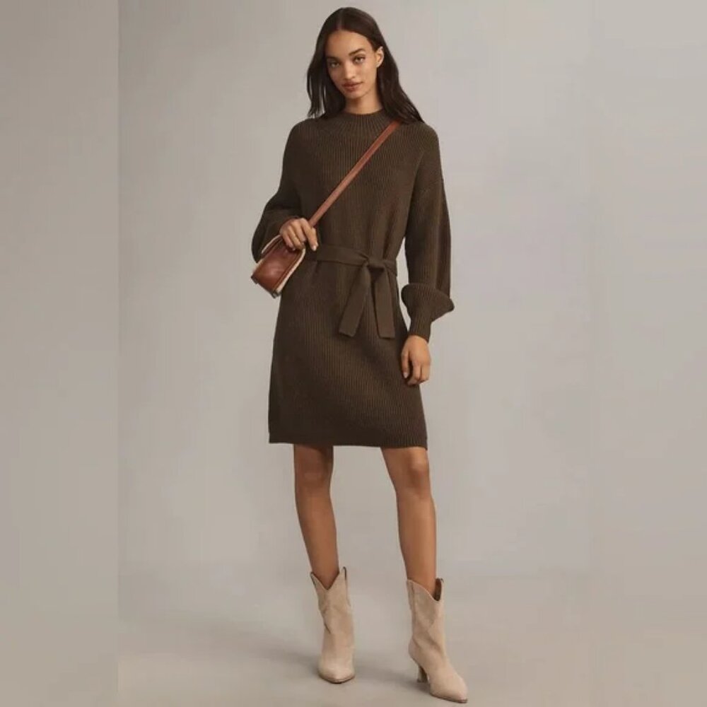 Maeve for Anthropologie Olive Green Ribbed Knit Belted Sweater Dress - Picture 9 of 11